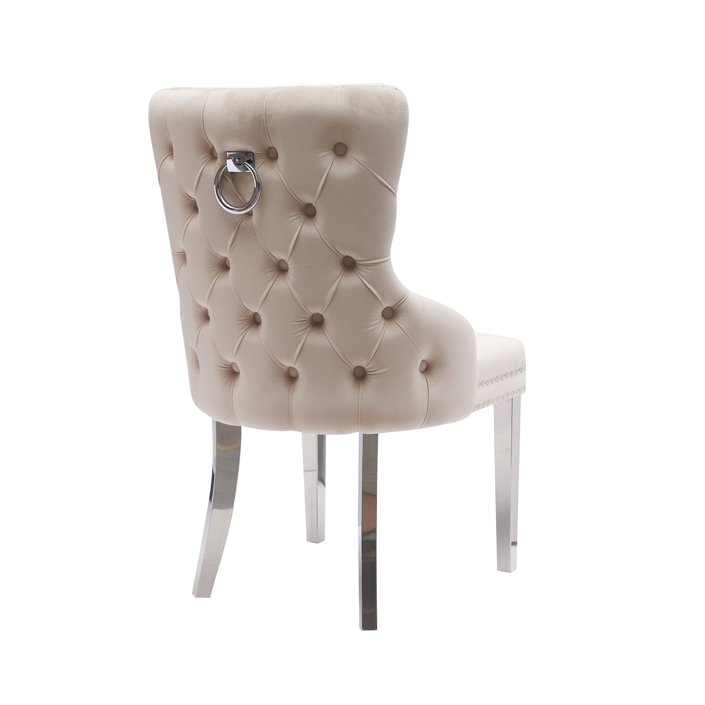 Lyon 2x Dining Chair Beige Velvet Upholstery Button Studding on Edge Wooden Frame Back with Ring and Nail Stainless Steel Legs