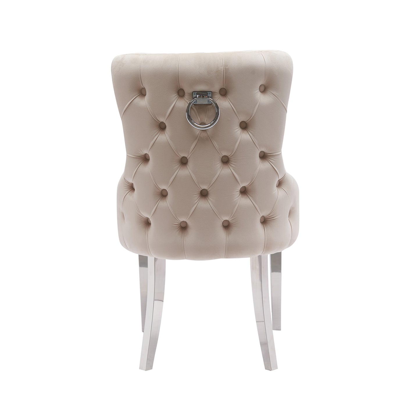 Lyon 2x Dining Chair Beige Velvet Upholstery Button Studding on Edge Wooden Frame Back with Ring and Nail Stainless Steel Legs