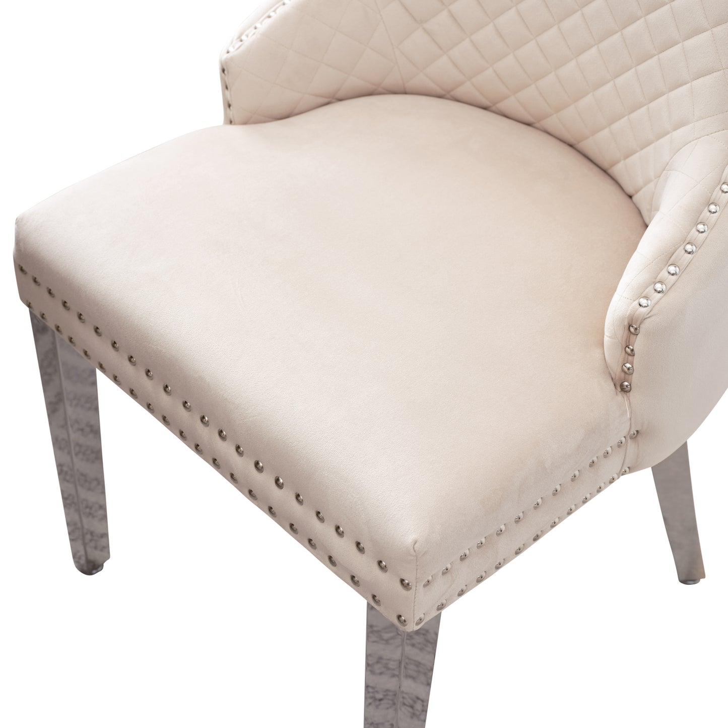 Lyon 2x Dining Chair Beige Velvet Upholstery Button Studding on Edge Wooden Frame Back with Ring and Nail Stainless Steel Legs