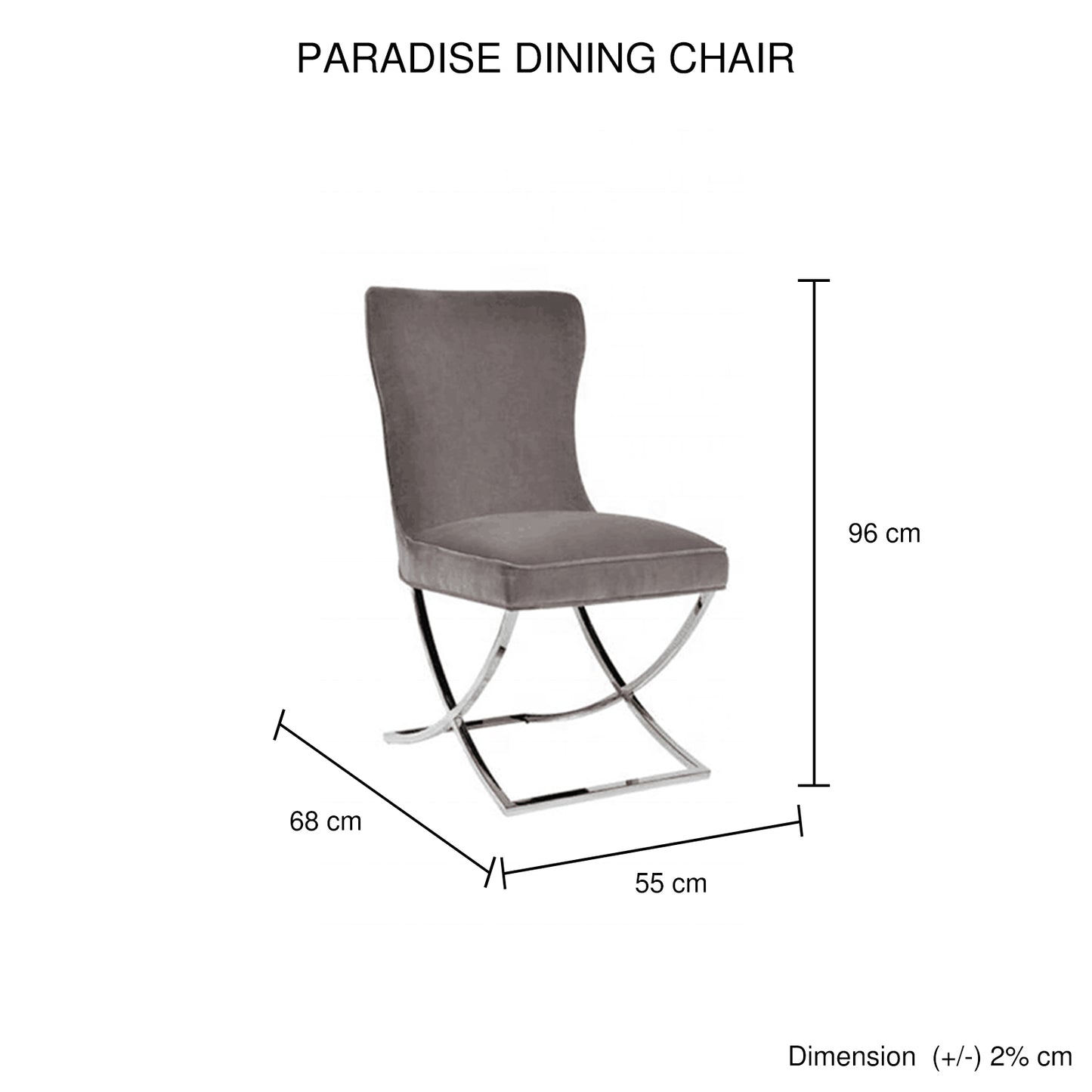 Paradise 2x Dining Chairs Grey Fabric Upholstery Beautiful Quilting Silver Colour Legs