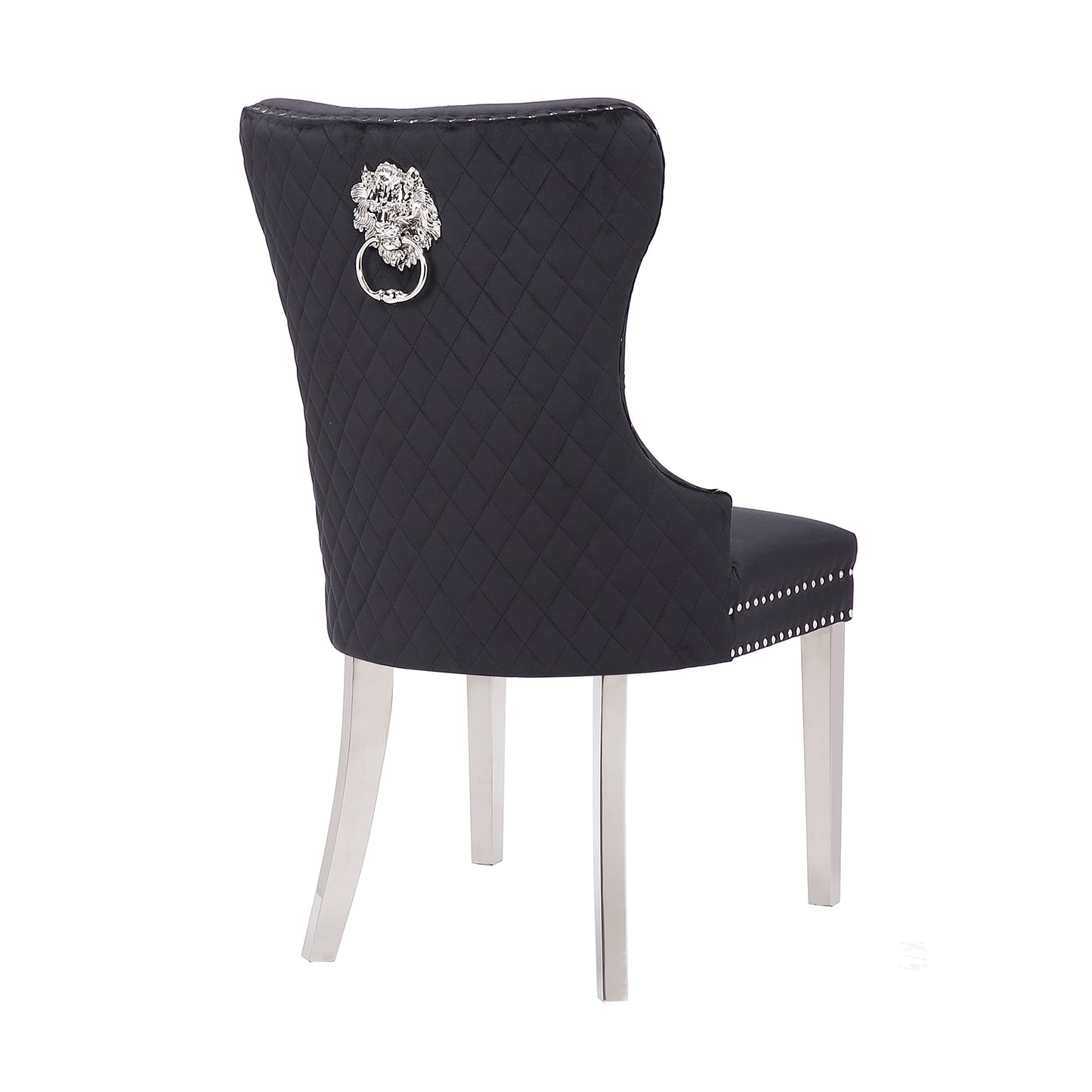 Victoria 2x Dining Chair Black Velvet Upholstery Button Studding Deep Quilting Wooden Frame Back with Lion Ring and Nail Stainless Steel Legs