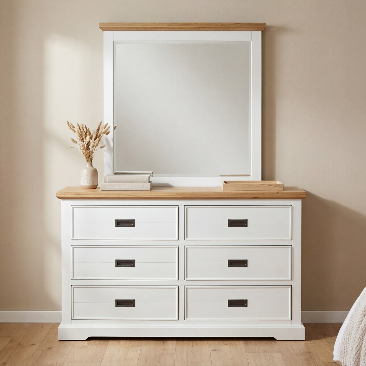 Marley Pine Wood 6 Drawer Dresser with Mirror