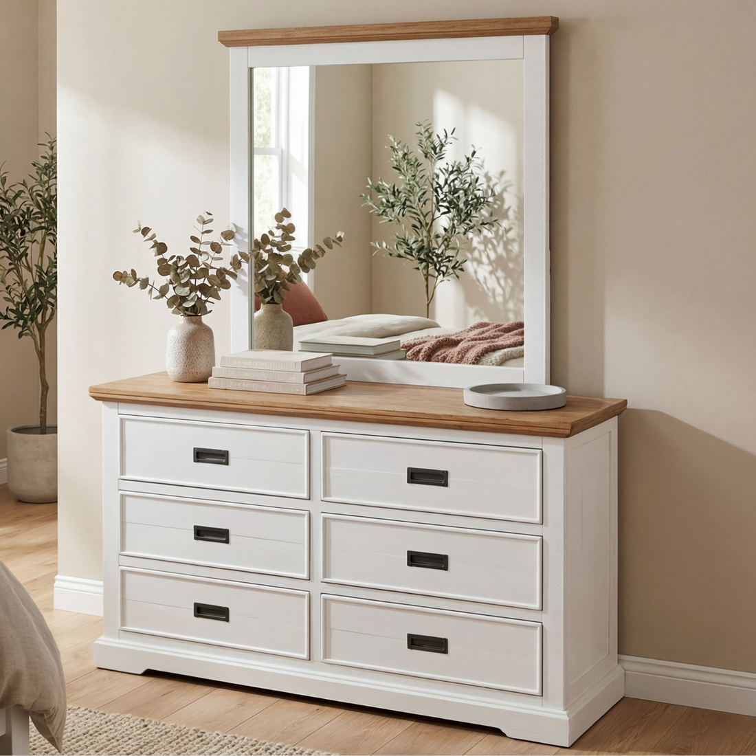Marley Pine Wood 6 Drawer Dresser with Mirror