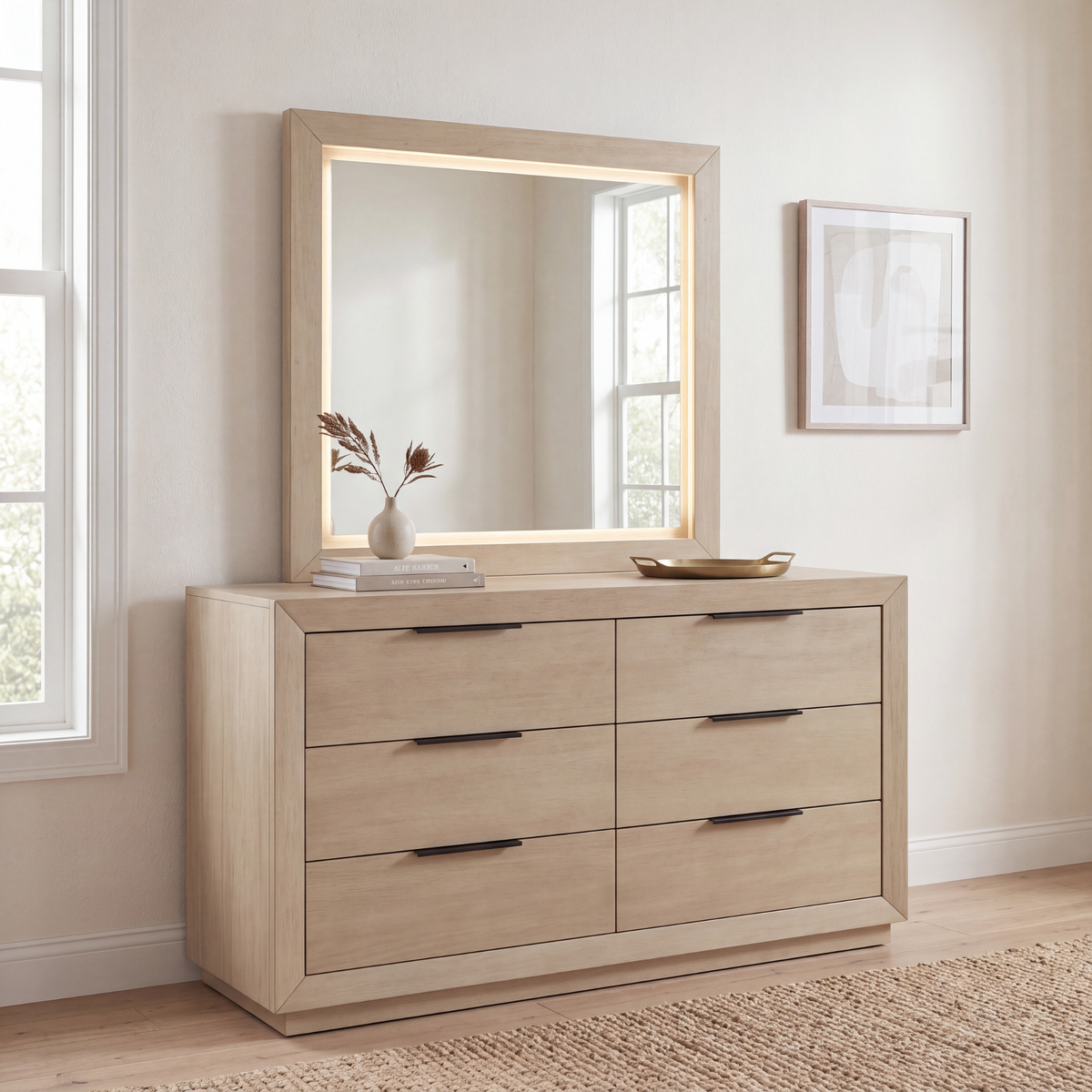 Savannah Oak Color Solid Rubber Wood Dresser with Mirror