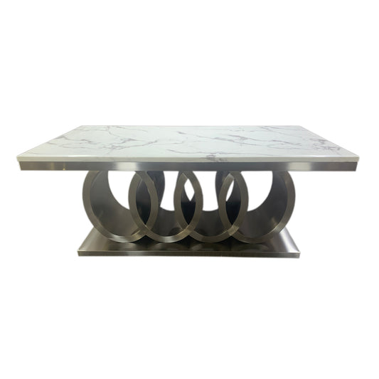 Paradise Dining Table White Faux Marble Top Aesthetic Metal Made Design on Base Silver Colour