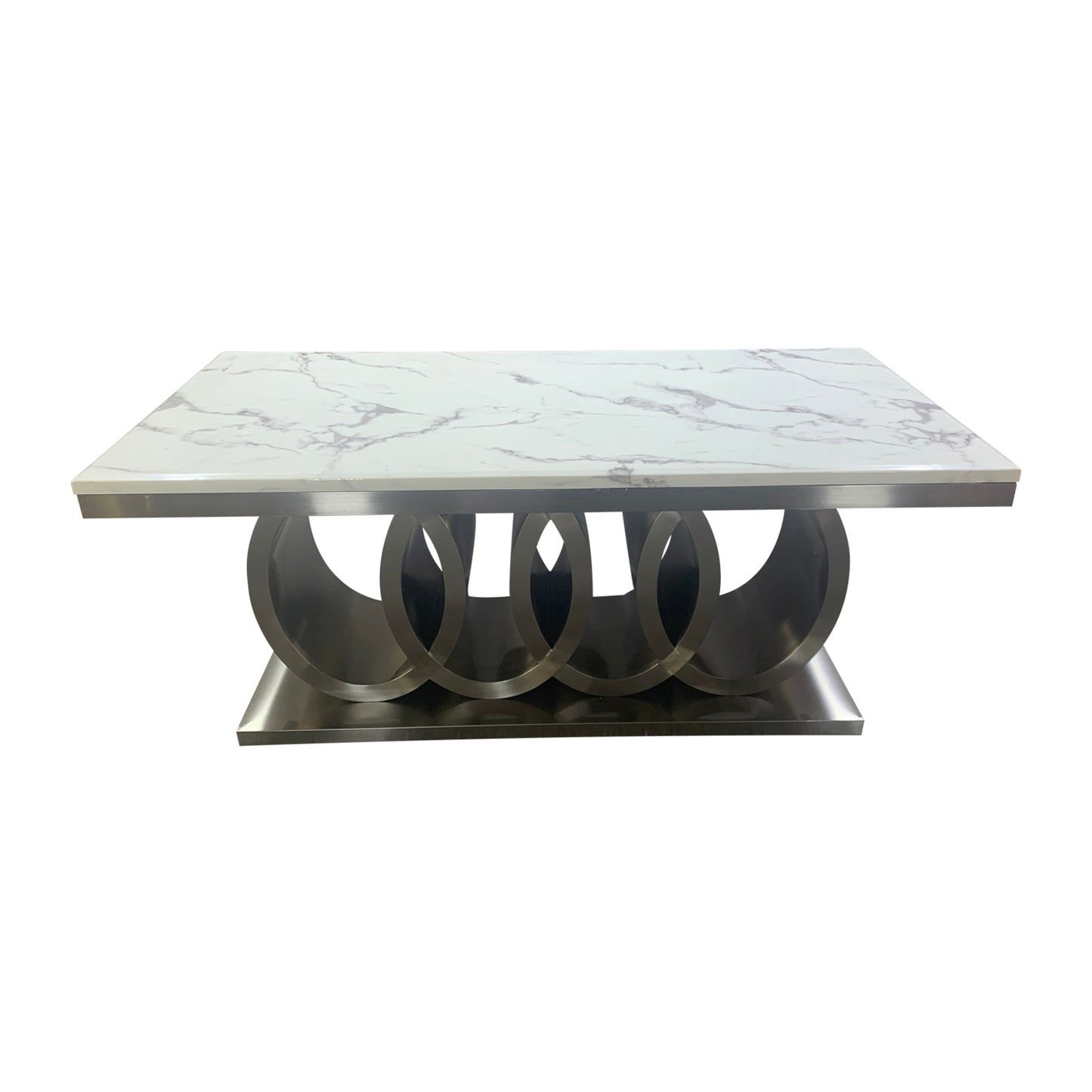 Paradise Dining Table White Faux Marble Top Aesthetic Metal Made Design on Base Silver Colour