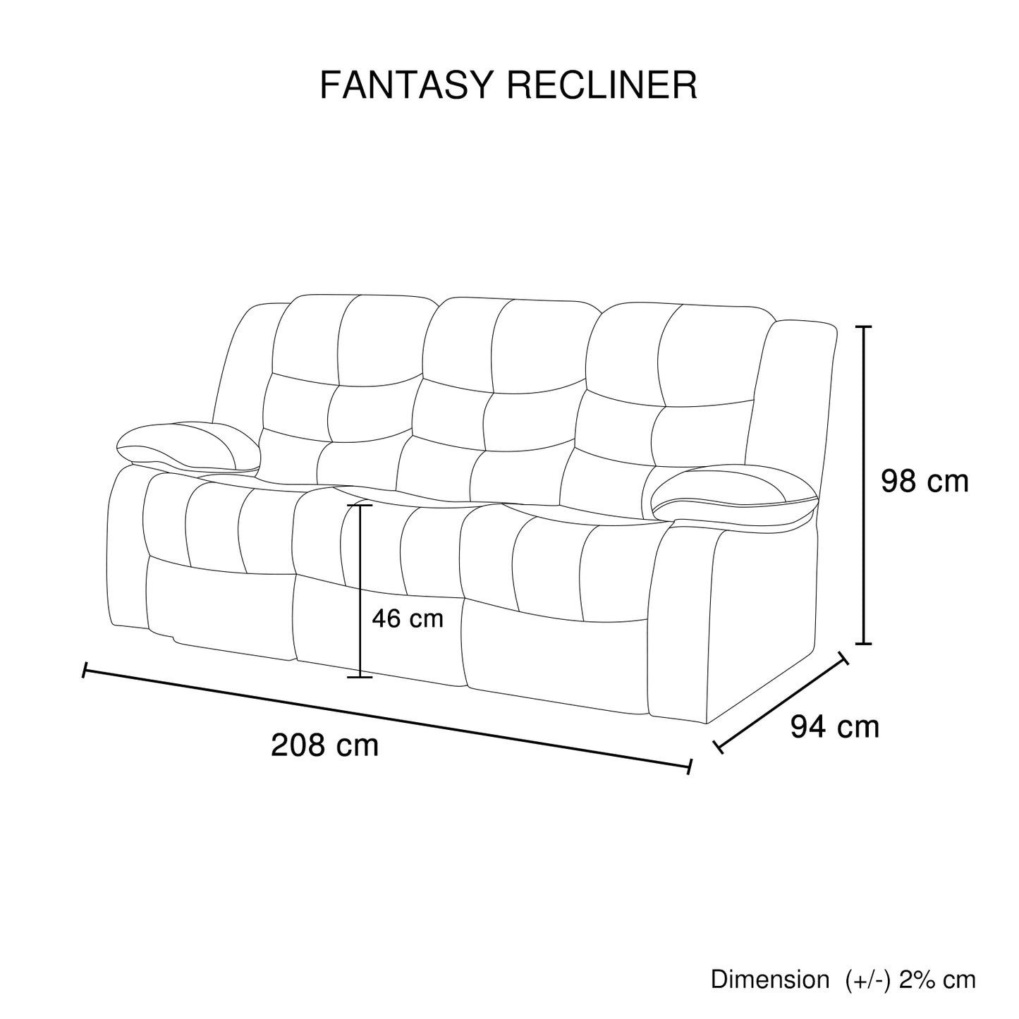 Fantasy 3 Seater Recliner Sofa In Faux Leather Lounge Wooden Frame Couch In Multiple Colour