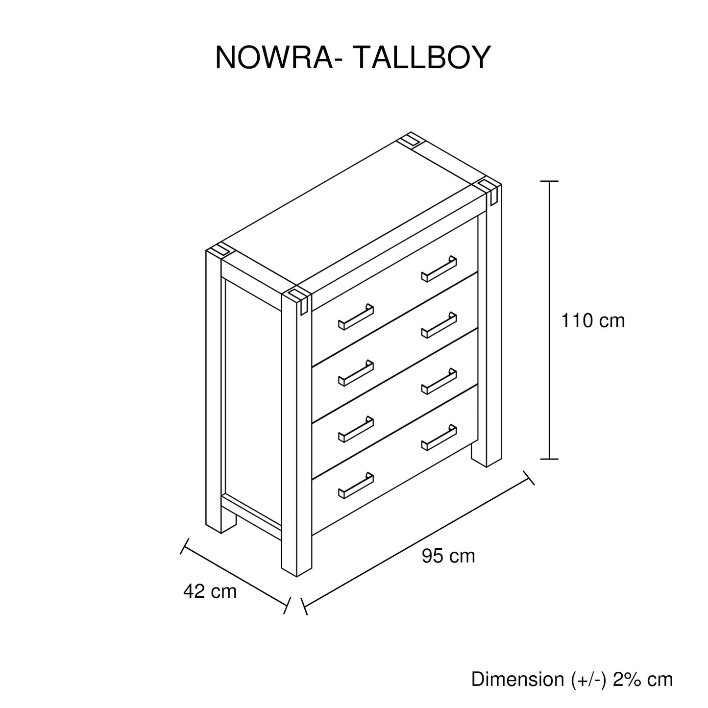 Nowra Tallboy 4 Storage Drawers In Solid Acacia Timber In Multiple Colour