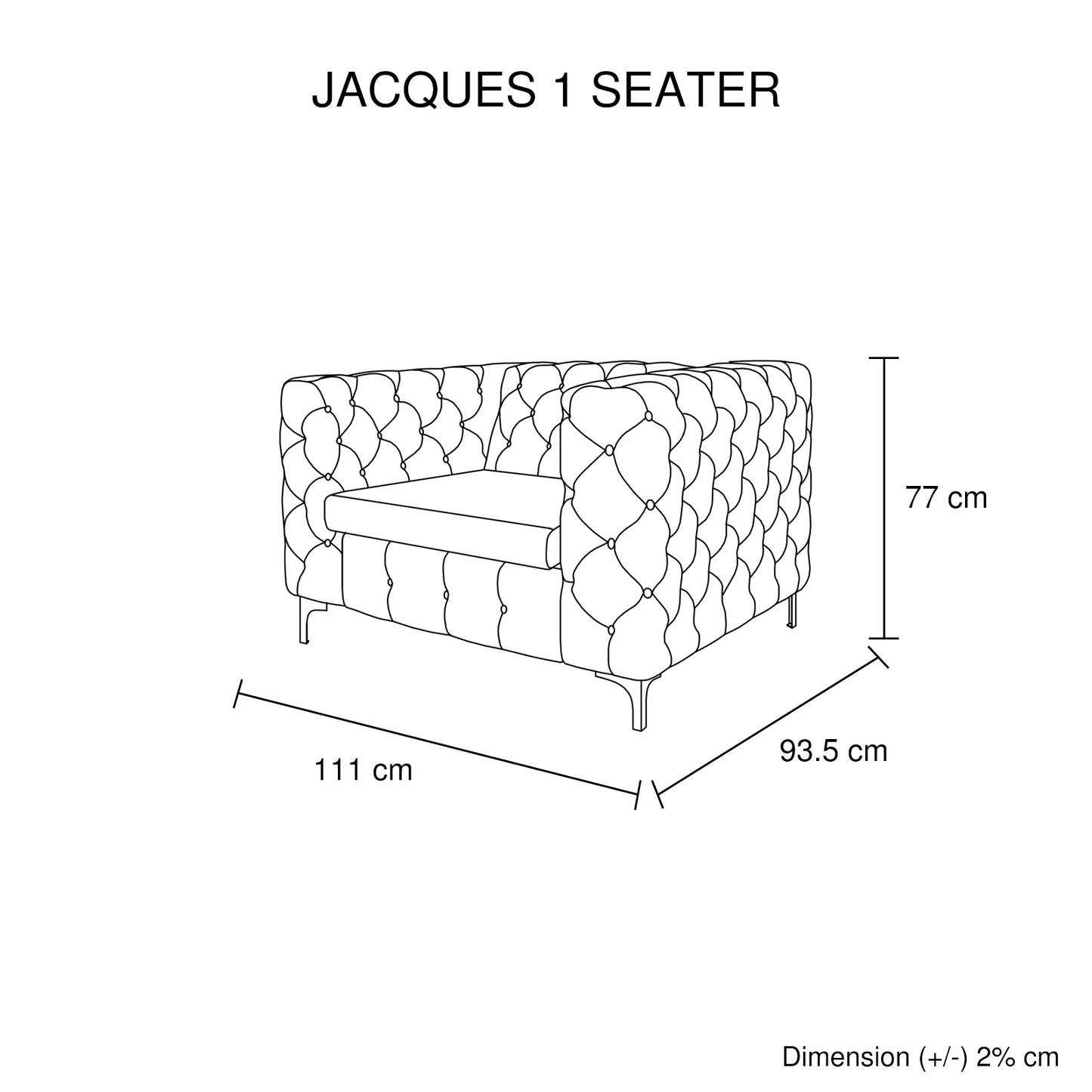 Jacques 1 Seater Sofa Button Tufted in Velvet Fabric in Black/Grey Colour