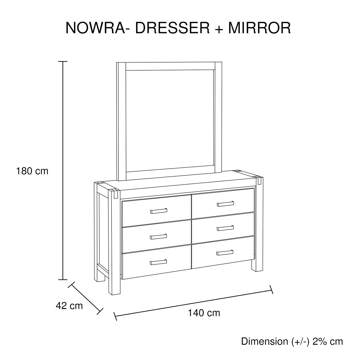 Nowra 6 Drawers Dressing Chest In Solid Acacia Timber with Mirror