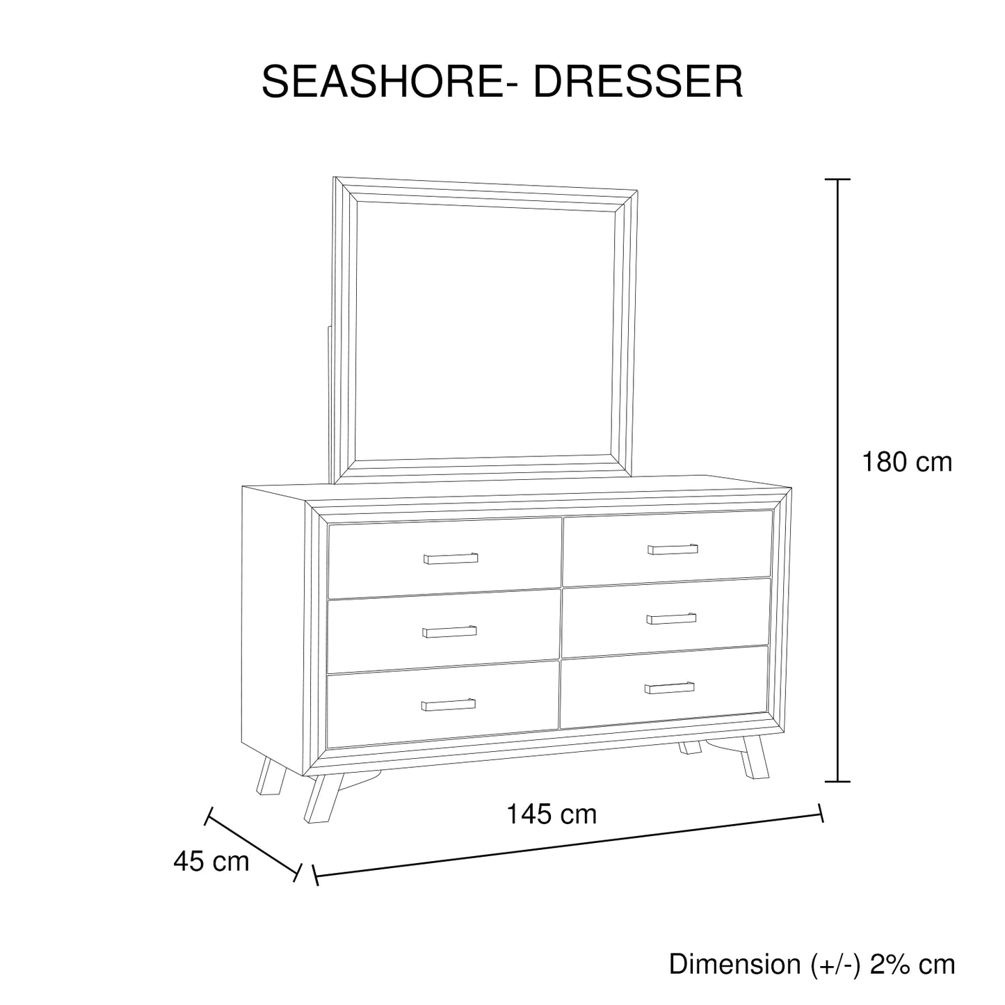 Seashore 6 Drawers Solid Acacia Timber Dresser in Silver Brush Colour with Mirror