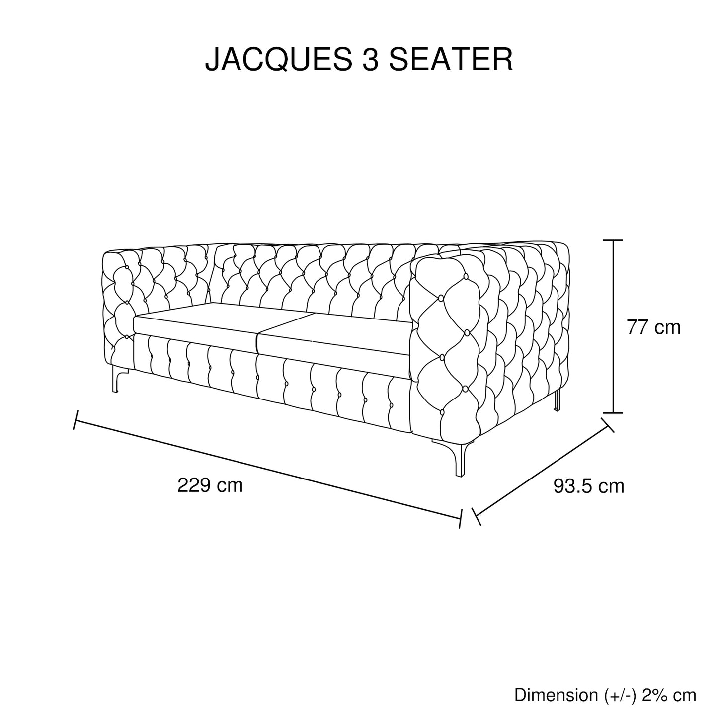 Jacques 3 Seater Sofa Classic Button Tufted Lounge in Black/Grey