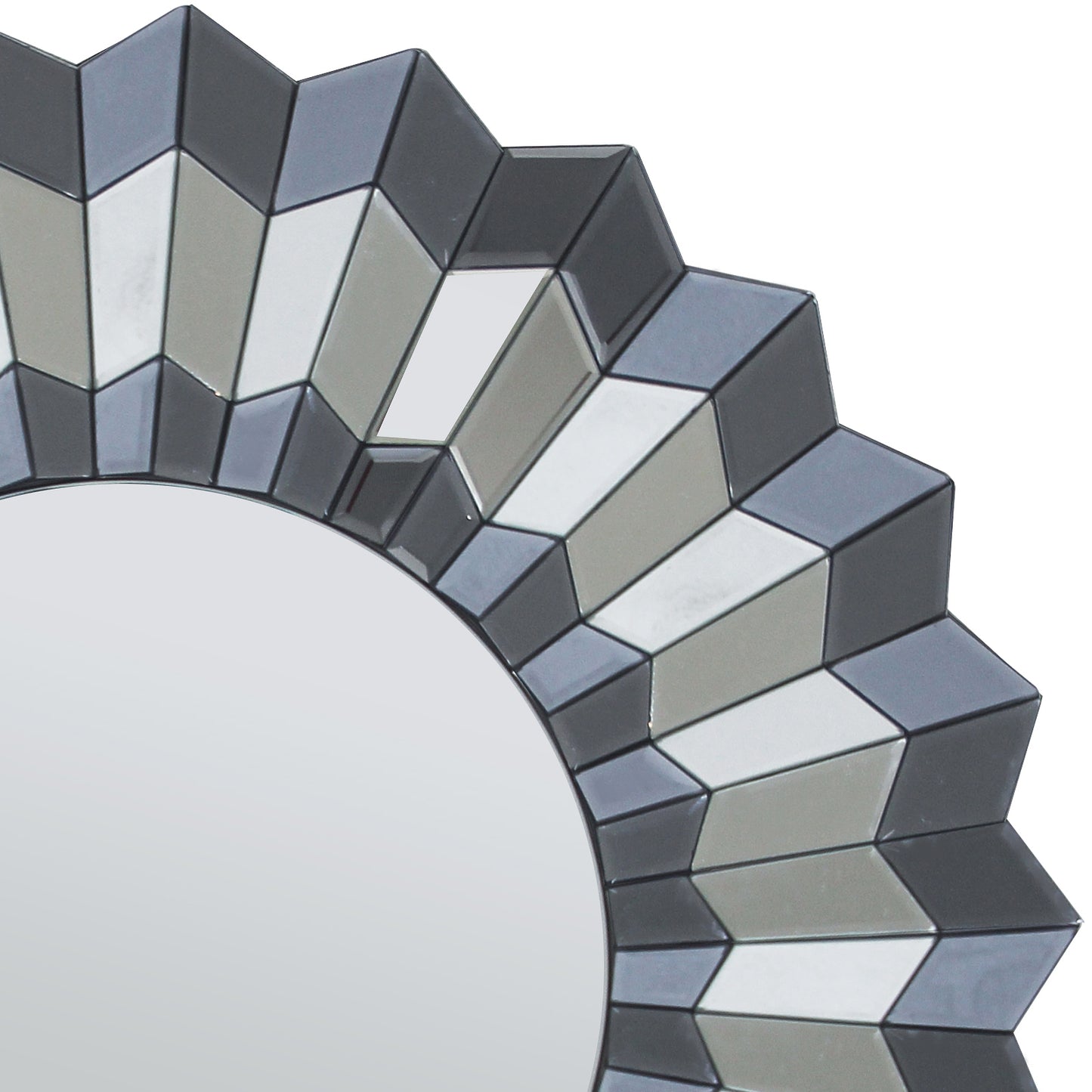 Decorative Round Wall Mirror with Geometric Design and Silver Accents