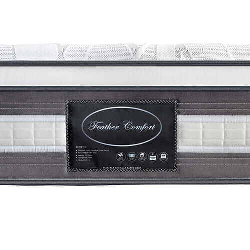 Pocket Spring Mattress with Feather Comfort label, showcasing premium quality for ultimate sleep experience.