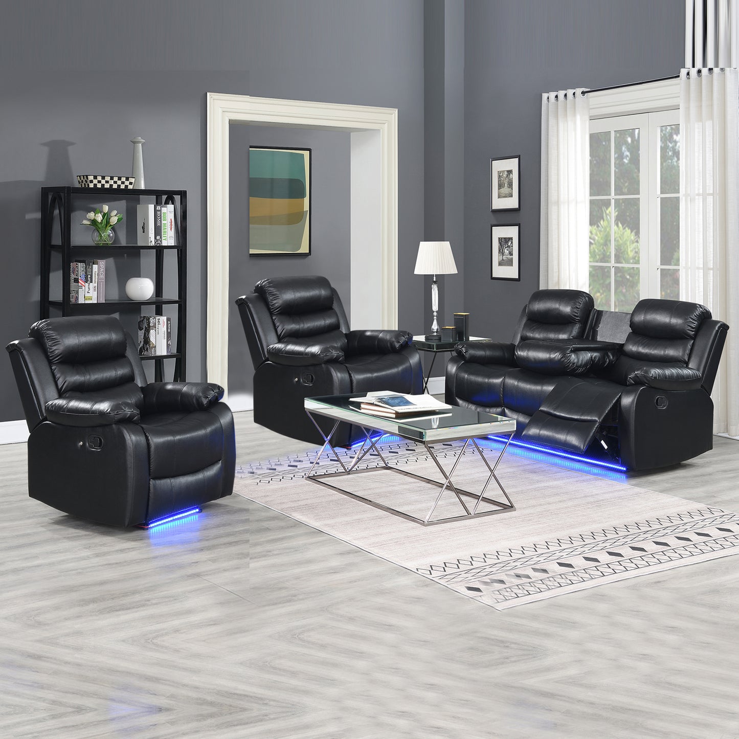 Chelsea 3R+1R+1R Seater Finest Leatherette Recliner Feature Console LED Light Ultra Cushioned