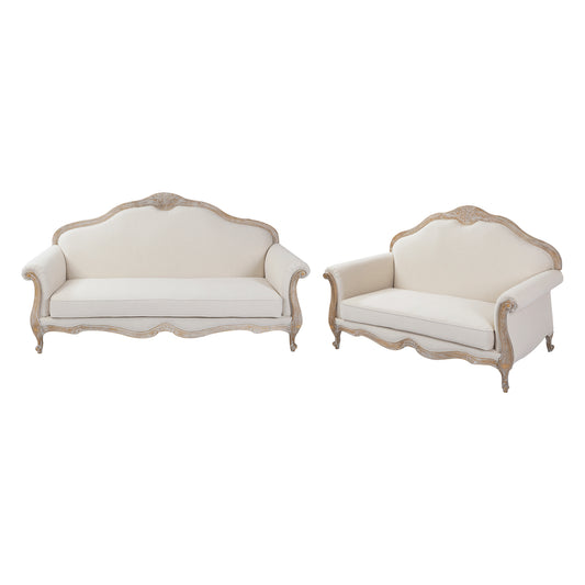 Lille 3+2 Seater Sofa Linen Fabric Oak Wood White Washed Finish Rolled Armrest