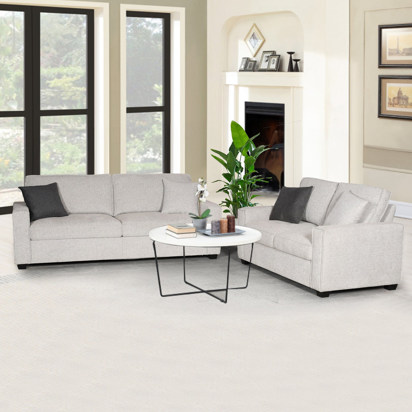 Milano 3+2 Seater Grey Sofa Set Polyester Fabric Multilayer 4 Pillows Attached Individual Pocket Spring