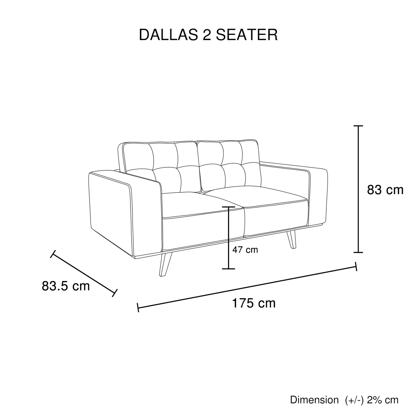 Dallas 2 Seater Sofa Fabric Upholstery Grey Colour Pocket Spring Wooden Frame