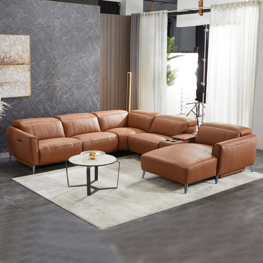 London 5 Seater Corner Sofa Chaise Premium Genuine Leather Power Slide Right Chaise Cup-Holder Charging Point