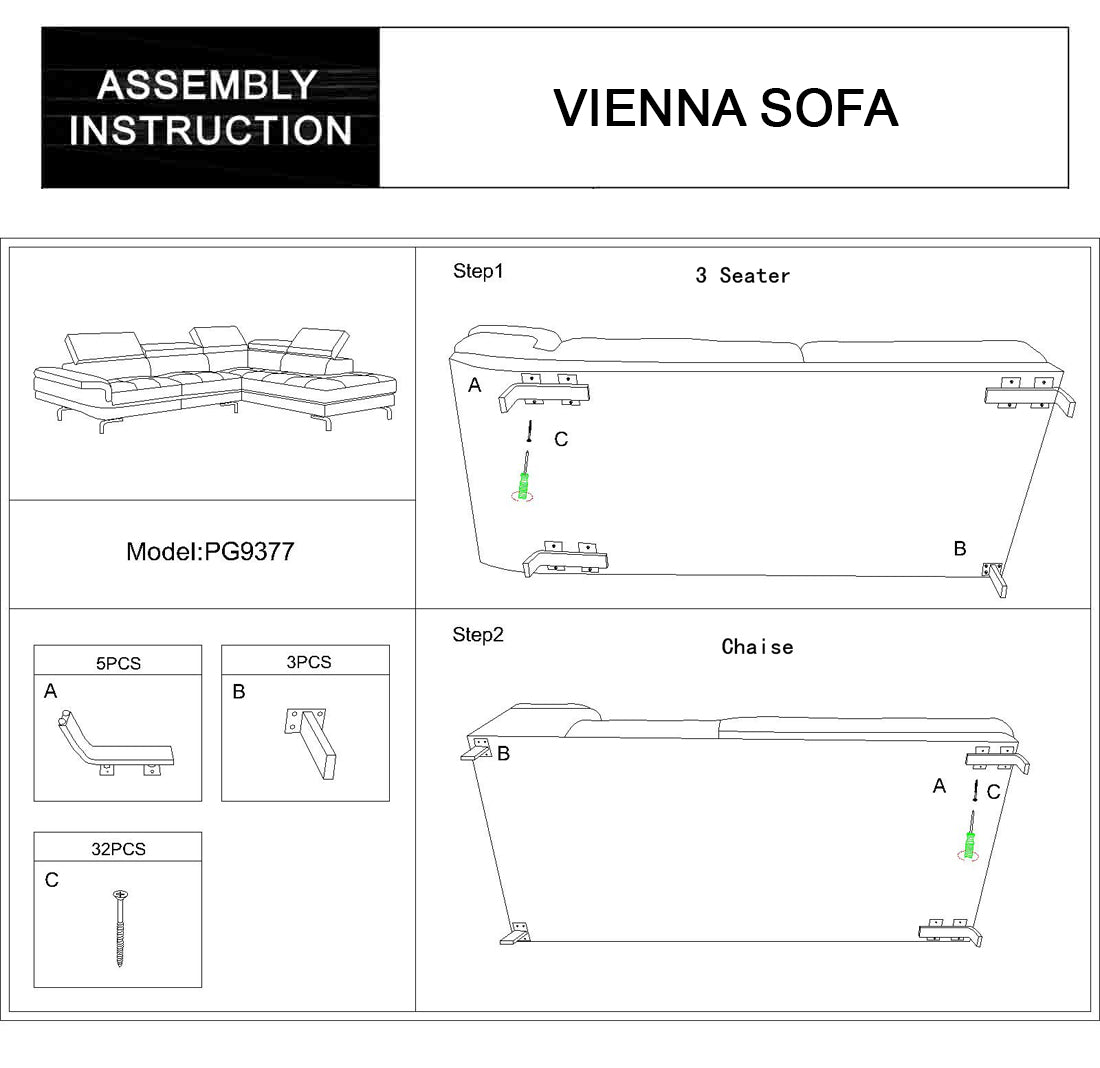 Vienna 5 Seater Right-Hand Chaise Leatherette Dark Grey Corner Sofa