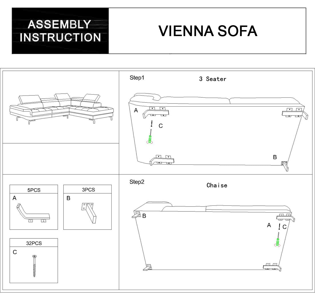 Vienna 5 Seater Right-Hand Chaise Leatherette Dark Grey Corner Sofa
