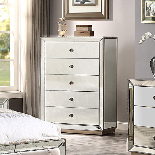 Germany MDF Antique Gold Colour 5 Drawers Mirrored Work Tallboy