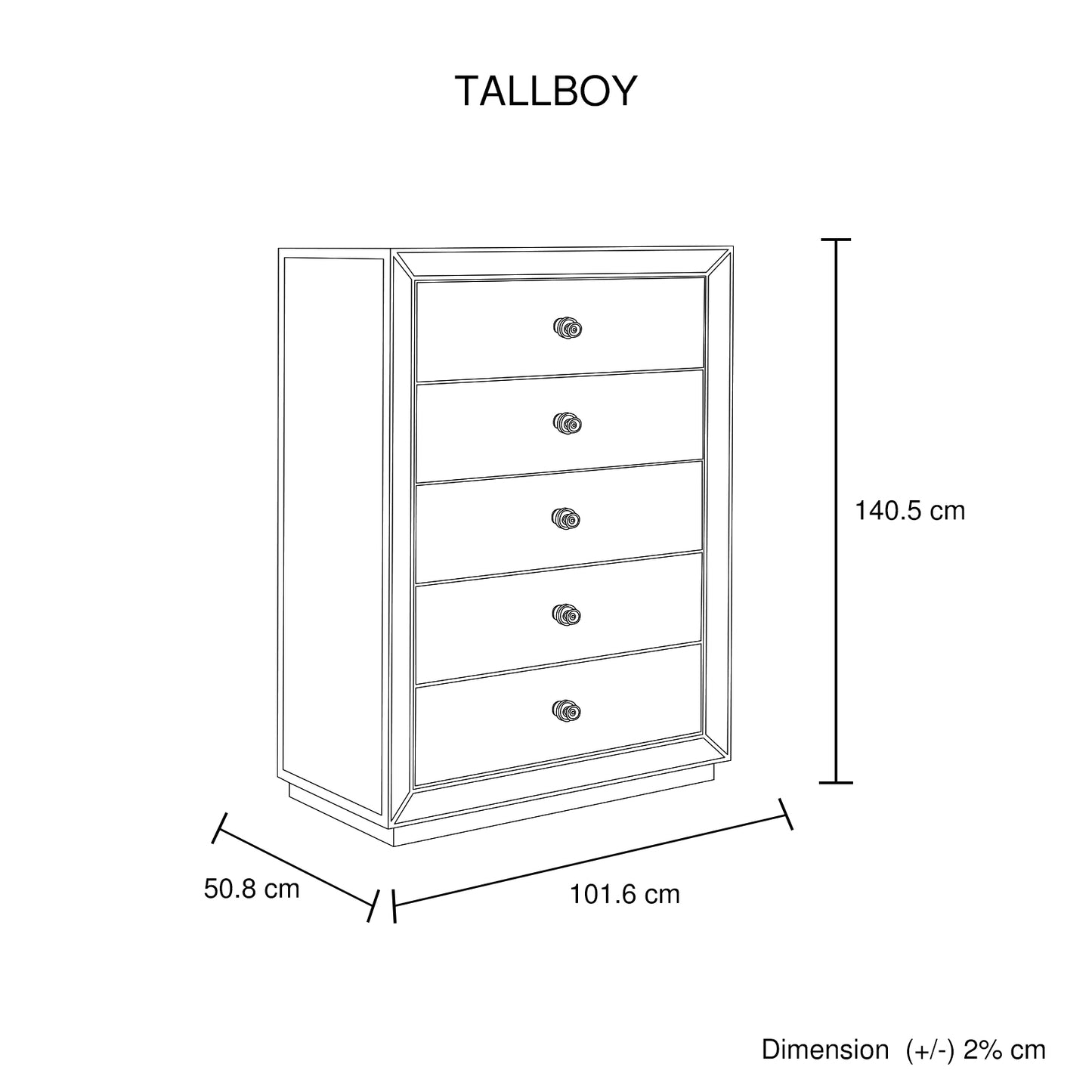Germany MDF Antique Gold Colour 5 Drawers Mirrored Work Tallboy