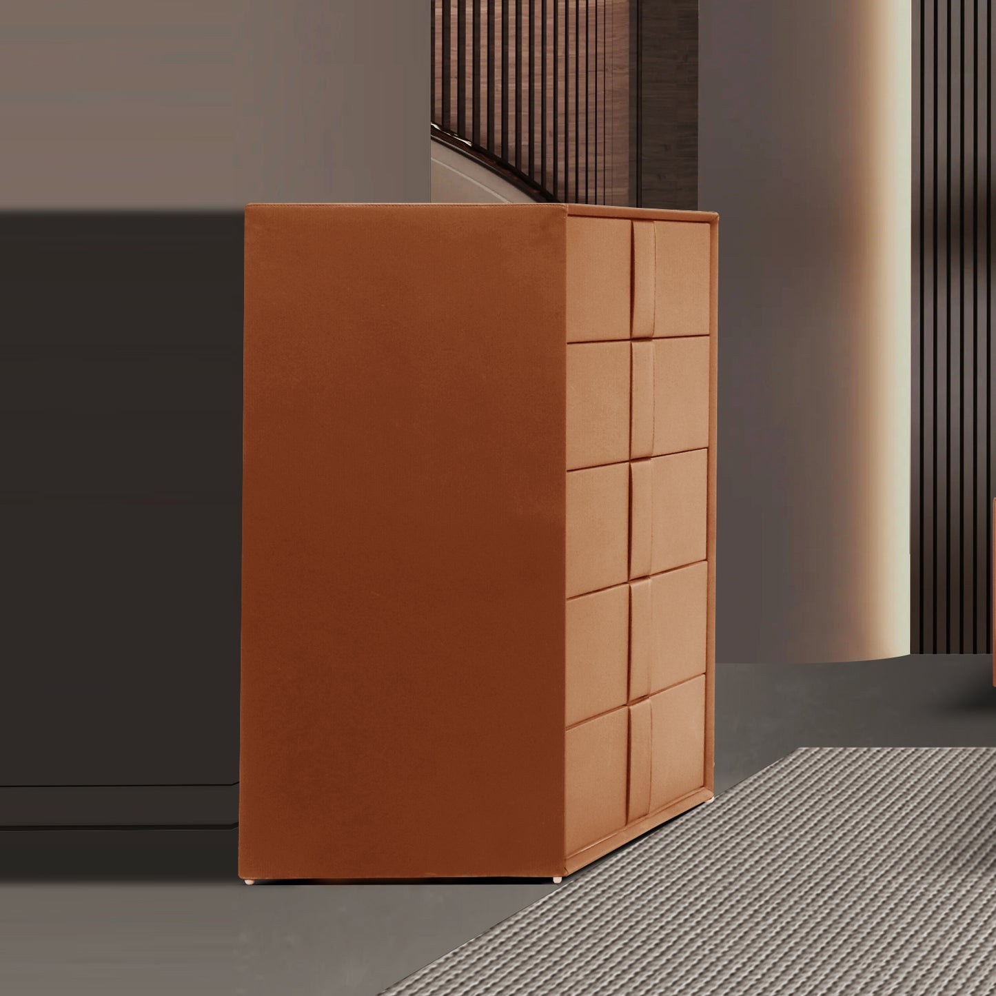 Louis Tallboy MDF with Premium Leatherette Upholstery Storage Space Five Drawers Wooden Legs