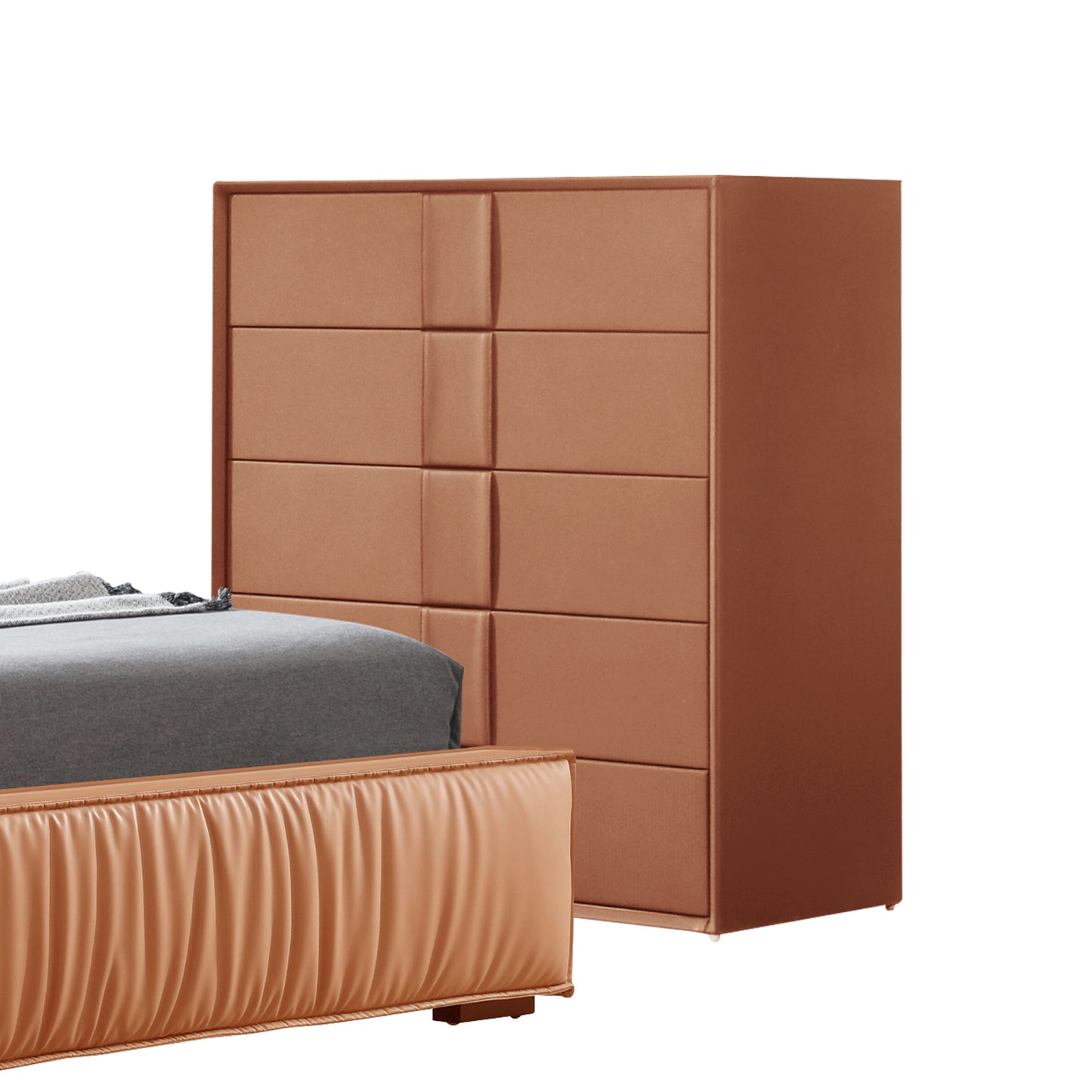 Louis Tallboy MDF with Premium Leatherette Upholstery Storage Space Five Drawers Wooden Legs