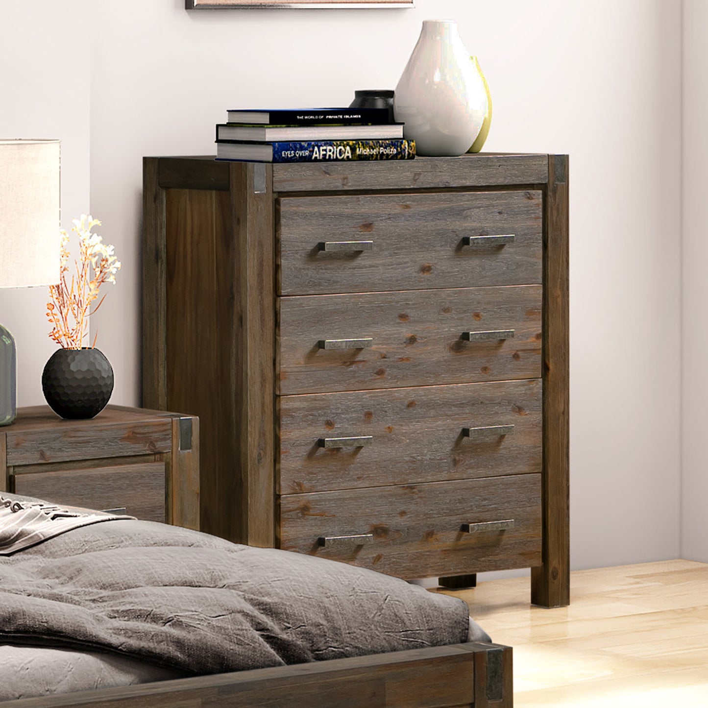 Nowra Tallboy 4 Storage Drawers In Solid Acacia Timber In Multiple Colour
