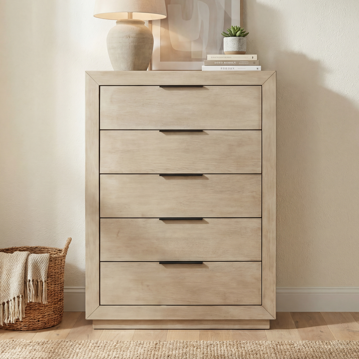 Savannah Oak Color Solid Rubber Wood Tallboy with Storage drawers