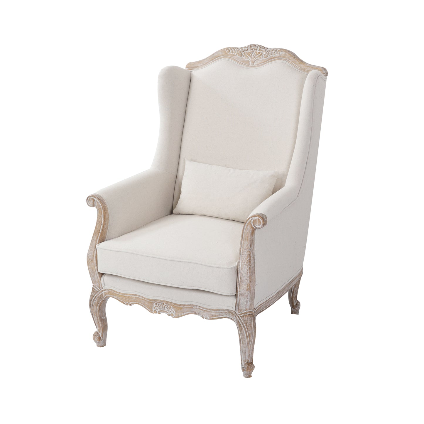 Lille Wing Chair Linen Fabric Oak Wood White Washed Finish Rolled Armrest