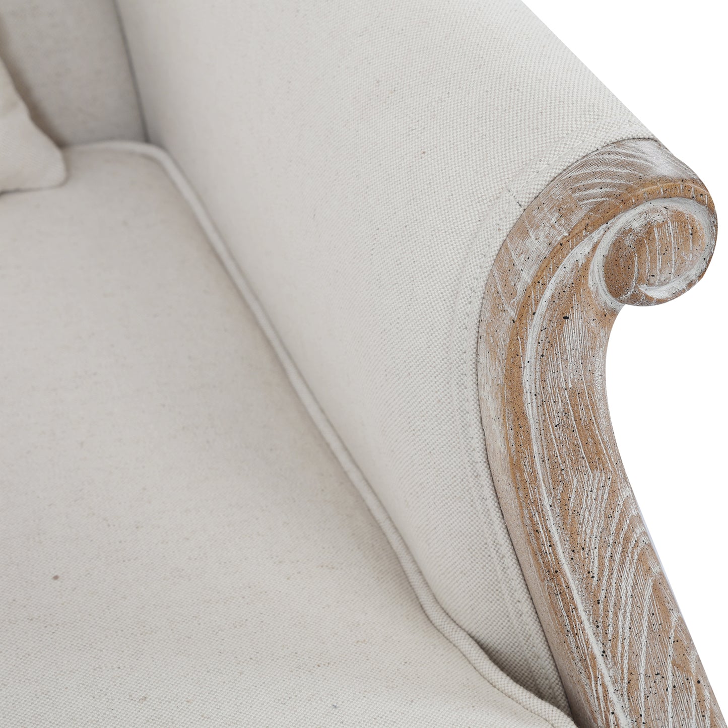 Lille Wing Chair Linen Fabric Oak Wood White Washed Finish Rolled Armrest